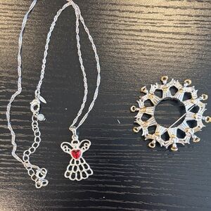 Avon Silver Angel Necklace with Red Heart Pendant and circular Angel pin